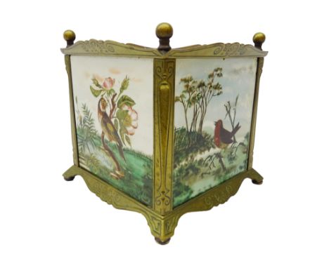 Late Victorian brass tiled planter, with four Mintons tiles hand painted with native birds including Robin, Greenfinch, Black
