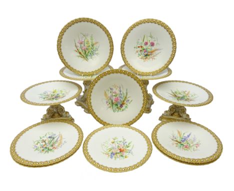 Late Victorian porcelain dessert service, probably Graingers  Worcester, hand painted with botanical studies within a gilt 'j