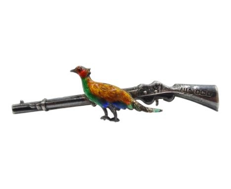 Silver and enamel Shooting bar brooch modelled as a Pheasant and Rifle by Adie & Lovekin, Birmingham, 1917, L4.5cm Condition 