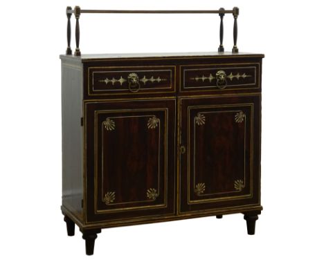 Regency painted simulated rosewood chiffonier, with raised shelf on turned supports above two drawers and two cupboard doors,