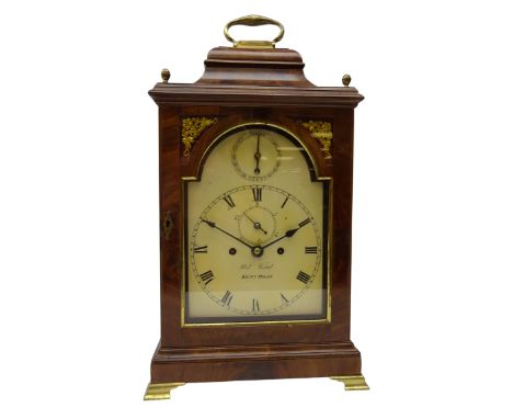 Early 19th century mahogany bracket clock, 9 1/4in arched white enamel Roman dial with blued steel hands, subsidiary date and