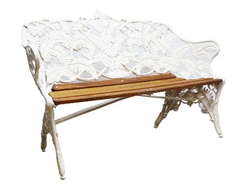 Coalbrookdale style cast metal fern pattern bench, hardwood slatted seat, white painted finish, W148cm Condition Report Click