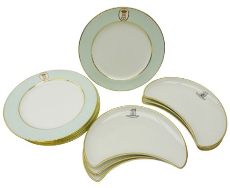 Set of six Royal Worcester Vitreous kidney shaped dishes printed with Family Crest and Motto 'Perseverando' within a gilded s