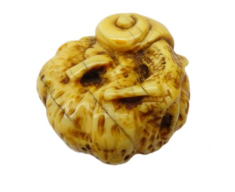 Japanese Meiji ivory Netsuke carved as a Snail on a Pumpkin, D3.5cm Provenance: private collection Condition Report Click her