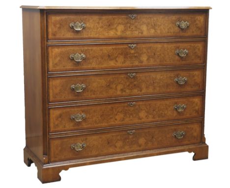 Craftsman made quality reproduction inlaid figured walnut chest, five long soft close drawers, bracket feet, W140cm, H124cm, 