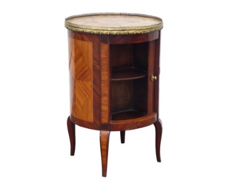 Early 20th century French kingwood and rosewood cylindrical cabinet, inset variegated marble top with gilt metal gallery, two