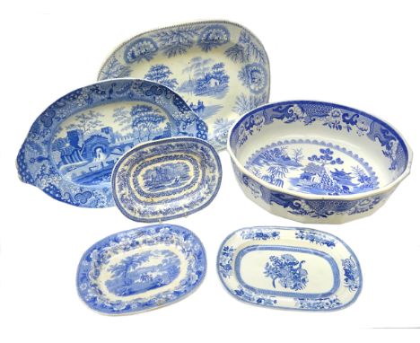 19th century blue and white transfer printed meat plates; Clews Spode printed 'Castle' pattern, Albion Pottery, Eton College 