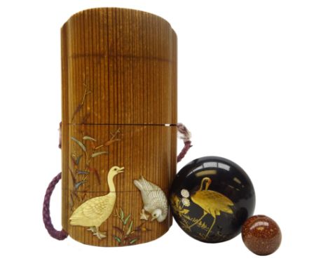 Japanese Meiji Bamboo four case inro with Shibayama decoration, back &amp; gold lacquer Netsuke and Goldstone ojime, H9cm Pro