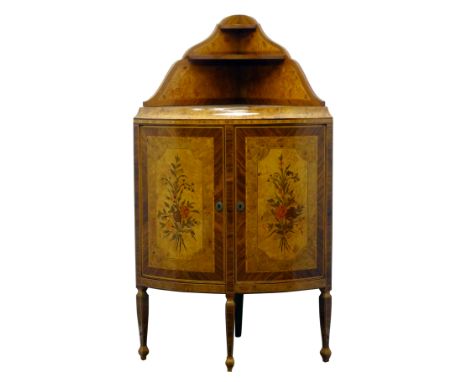 20th century kingwood crossbanded walnut bow front corner cabinet with raised twin shelf shaped back, floral marquetry top an