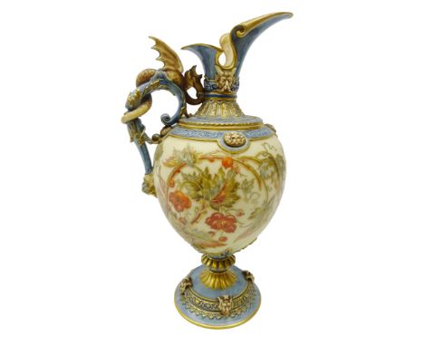 Victorian Royal Worcester blush ivory ewer, the body painted with Gooseberries amongst trailing foliage, moulded satyr masks,