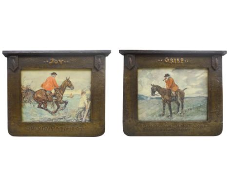 Pair Arts & Crafts hammered copper frames titled 'Joy' & 'Grief' flanked by two Fox tail embossed plaques above motto, each c