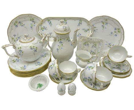 Herend Nyon 'Morning Glory' pattern tea and coffee set comprising coffee pot, teapot, six cups and saucers, milk jug, two-han