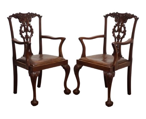 Pair of Chippendale style mahogany elbow chairs, serpentine cresting with acanthus carved interlaced pierced splat and drop-i