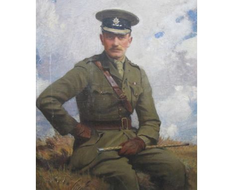 GEORGE SPENCER WATSON ROI RP RA (1869-1934) Portrait of Major Charles Arthur Tisdall (1875-1914), wearing uniform, a landscap