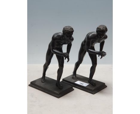 Two similar bronze Figures of nude male runners, 8 1/2in H One ankle has been broken and repaired. Very light in weight