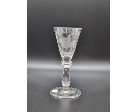 An Irish Commemorative Wine Glass inscribed 'The Glorious Memory of King William/No Surrender, Boyne 1st July 1690', the trum