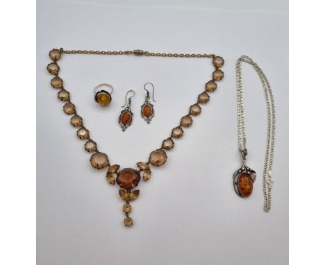 An Amber Pendant, Earrings &amp; Ring in silver stamped 925 with a silver curblink chain stamped 925 and a Vintage Paste Neck
