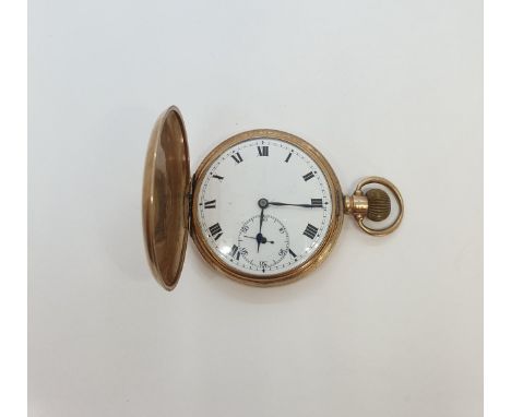 A 9ct gold cased keyless wind Hunter Pocket Watch the white enamel dial with roman numerals and subsidiary seconds dial,  cas