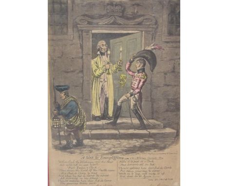 A Group of four caricature prints: comprising 'A Hint to Young Officers', by Rowlandson after Woodward, etching and aquatint,