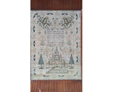 An early 19th century needlework Sampler by Elizabeth Grainger aged 11 years with verse, temple, parrots, trees and flowers, 