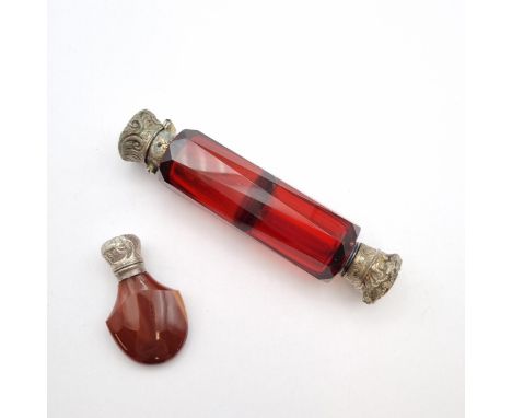A ruby glass double ended Scent Bottle with embossed white metal mounts and an Agate Snuff Bottle with white metal lid