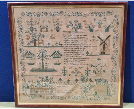A William IV needlework Sampler Margaret Parkinsons Work 1832, Aged 12, Knowsley School, with verse, windmill, buildings, ani