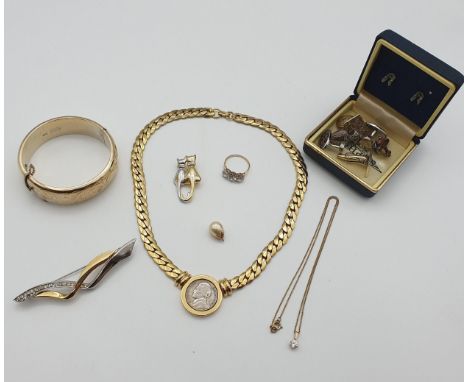 A 9ct gold Cubic Zirconia Ring, a 9ct gold Chain and Cubic Zirconia Pendant, cufflinks, a silver bangle and other gold-tone c