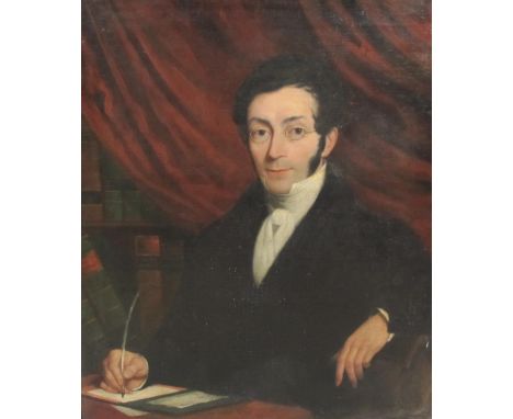 EBENEZER BUTLER MORRIS (1814-1895). Portrait of a Gentleman, seated half-length, holding a quill pen, inscribed on the revers