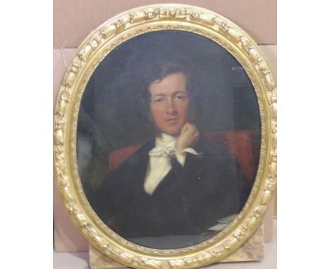 ENGLISH SCHOOL CIRCA 1850. Portrait of a Gentleman, quarter length, wearing a black coat and white cravat, oil on canvas, ova