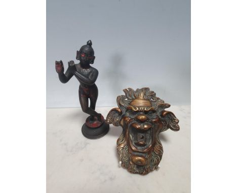 A 19th Century Italian Grotesque partial Door Knocker, 5.5"High x 4.5"Wide, and an Indian brass Statue of Lord Radha Krishna 