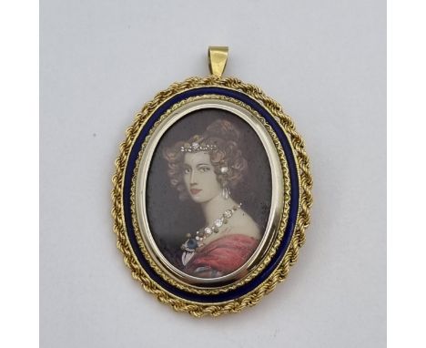 A painted portrait miniature Pendant/Brooch of lady wearing jewelled necklace in 18ct gold and blue enamel frame, approx 33mm