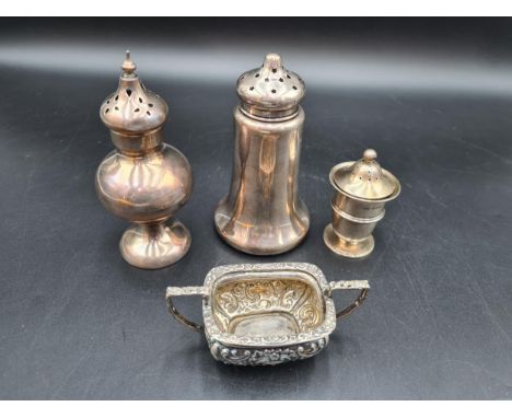 Two silver Sugar Sifters, a Pepperette and an embossed Salt