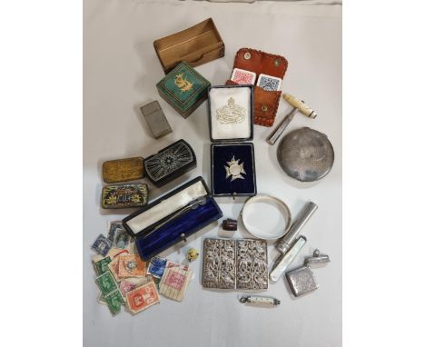 A small collection of Collectables including; silver Vesta Case, Compact, mother of pearl Fruit Knife, white metal Buckle, mi