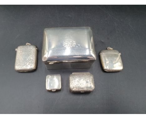 A Victorian silver Playing Card Case, Birmingham 1899, two silver Vesta Cases and two Pill Boxes