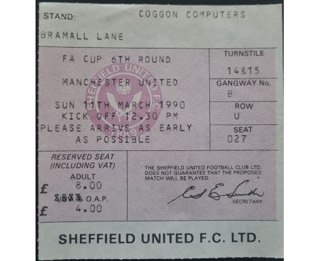1989-90 SHEFFIELD UNITED V MANCHESTER UNITED FA CUP 6TH ROUND TICKET
Ref DER