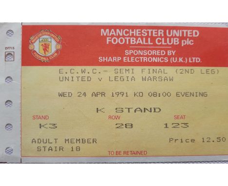 1990-91 MANCHESTER UNITED V LEGIA WARSAW ECWC SEMI-FINAL TICKET
Good condition with slight fold
Ref DER