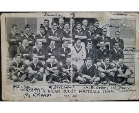 ORIGINAL PHOTO / FIXTURE CARD OF THE 1931-32 SOUTH AFRICA RUGBY UNION TEAM
Postcard size
Worn with scores completed
Ref DP