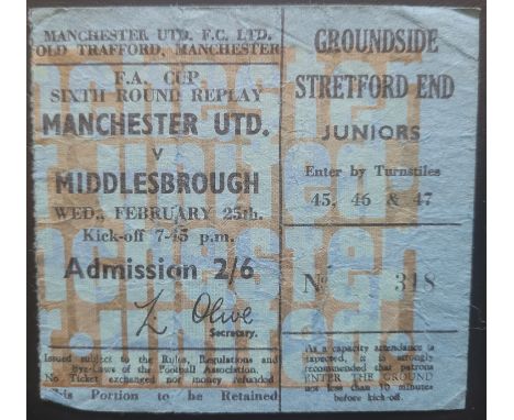 1969-70 MANCHESTER UNITED V MIDDLESBROUGH FA CUP 6TH ROUND REPLAY TICKET
Folds
Ref DER