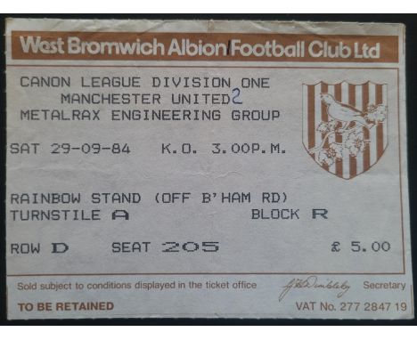 1984-85 WEST BROMWICH ALBION V MANCHESTER UNITED TICKET
Score noted
Ref DER