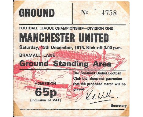 1975-76 SHEFFIELD UNITED V MANCHESTER UNITED TICKET
Tape marks on corners &amp; fold
Ref SM