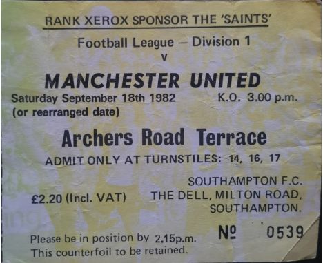 1982-83 SOUTHAMPTON V MANCHESTER UNITED TICKET
Folds
Ref DER