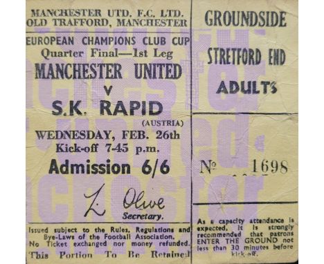 1968-69 MANCHESTER UNITED V S K RAPID EUROPEAN CUP TICKET
Folds &amp; slight marks
Ref DER