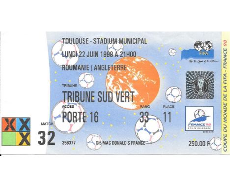 1998 WORLD CUP ENGLAND V ROMANIA TICKET
Slight folds
Ref MB
&nbsp;