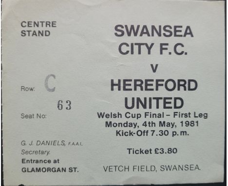 1980-81 SWANSEA CITY V HEREFORD UNITED WELSH CUP FINAL TICKET
Slight fold
Ref DP