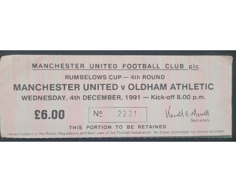 1991-92 MANCHESTER UNITED V OLDHAM ATHLETIC LEAGUE CUP TICKET
Very slight fold
Ref SM