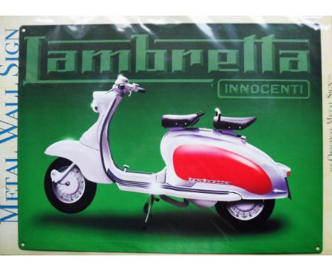 MOTORCYCLE - LAMBRETTA VERY LARGE METAL WALL PLAQUE
Made in the U.K. 15 ½ x 12 inches. Fixing holes on each corner. New with 