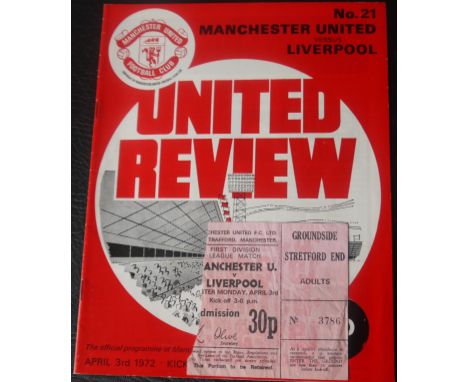 1971-72 MANCHESTER UNITED V LIVERPOOL PROGRAMME &amp; TICKET
Some paper loss down one edge of ticket
Ref W23