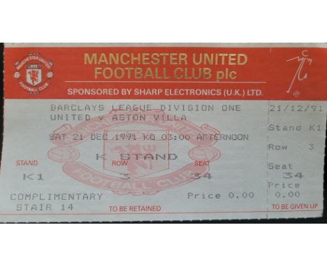 1991-92 MANCHESTER UNITED V ASTON VILLA UNUSED TICKET
Ref DER