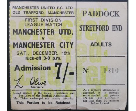 1970-71 MANCHESTER UNITED V MANCHESTER CITY TICKET
Slight folds
Ref DER