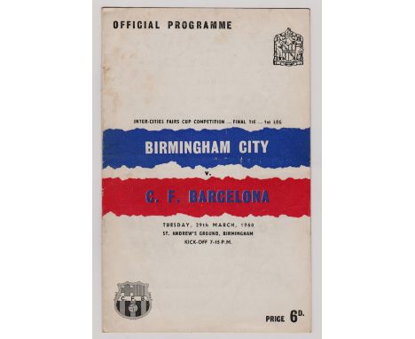1959/60 ICFC FINAL BIRMINGHAM CITY V C.F. BARCELONA
Match details noted, light fold and slight age-related wear. Ref. T. 